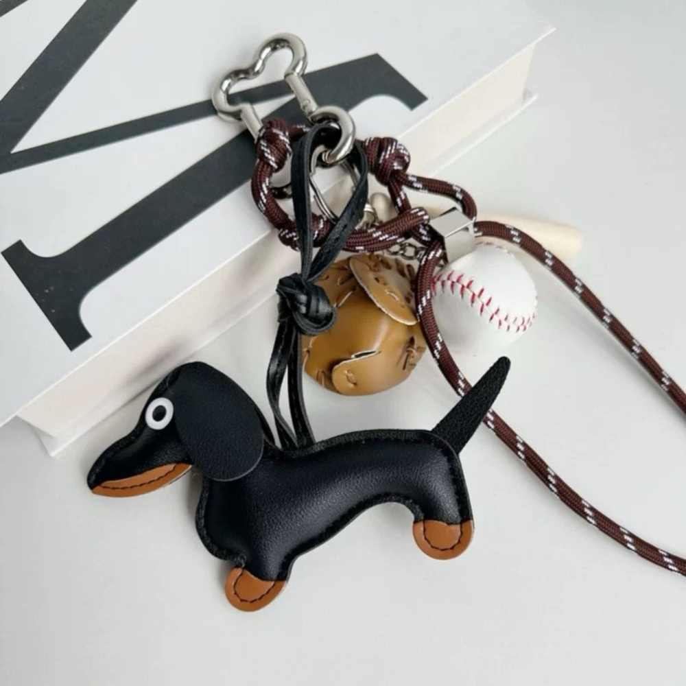 New leather Dachshund dog W/ baseball theme bag Keychain charm